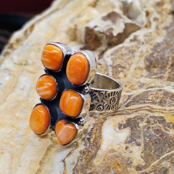 Southwest Sterling Silver Orange Spiny Oyster Shell Cluster Ring Size 6 Handmade - Picture 3 of 9
